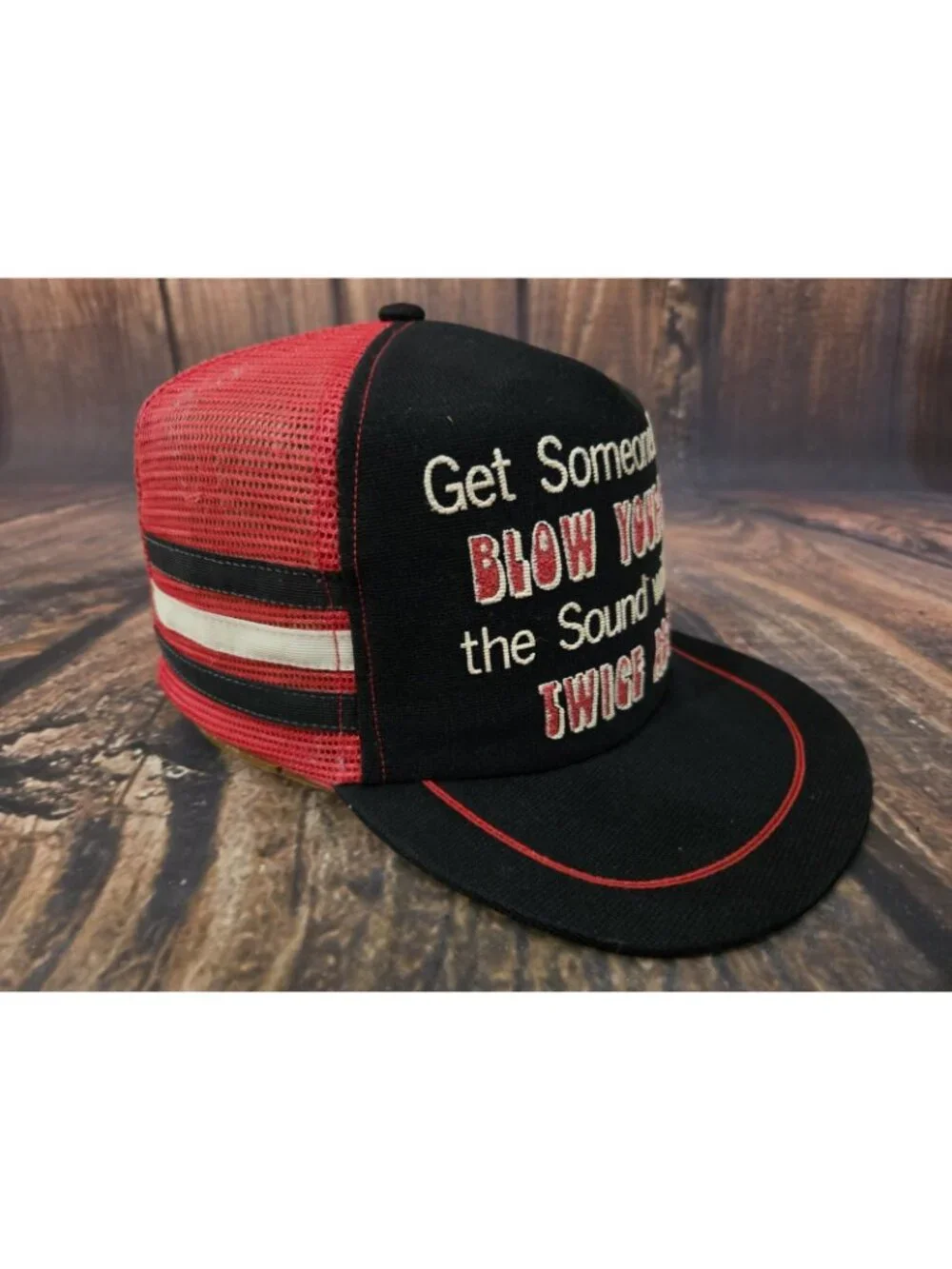 VTG 3 Stripe Trucker Hat Funny Comedy Blow Your Horn Mesh Cap 1980s USA Made